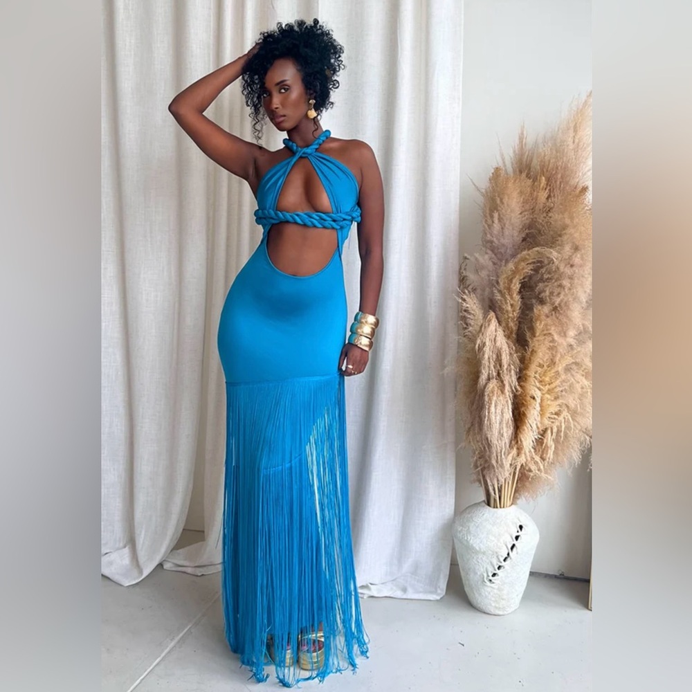 Blue Cutout Fringe Maxi Dress